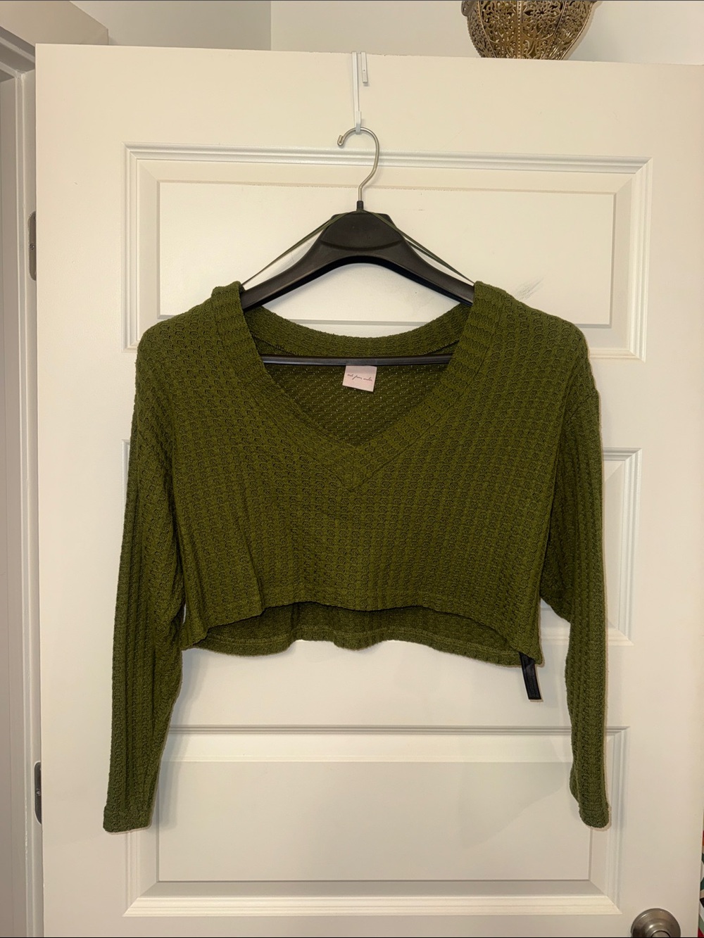 Olive Green Cropped V-Neck Sweater Top